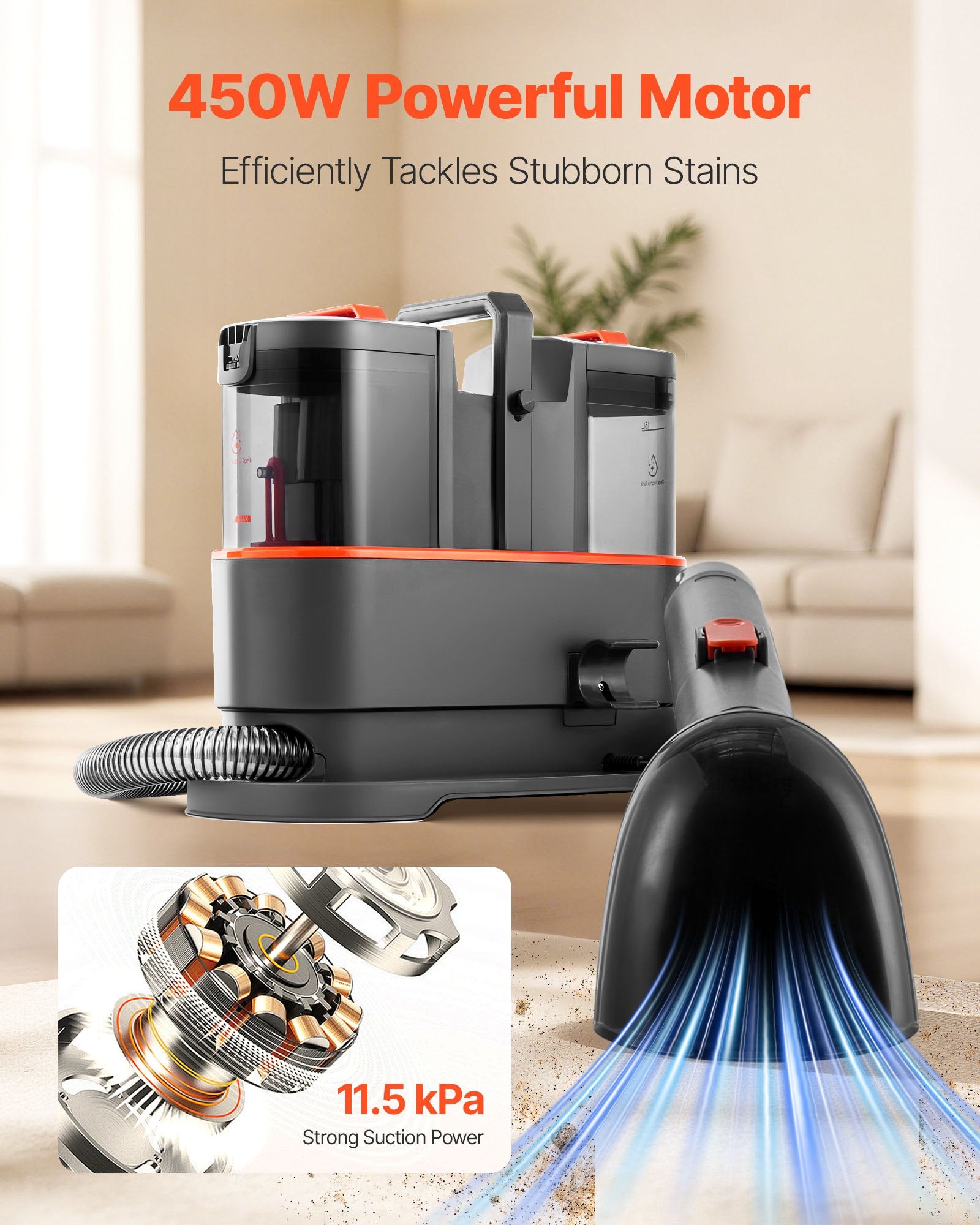 Portable Carpet Cleaner Machine Dual-Water Tank 11.5Kpa Upholstery Cleaner